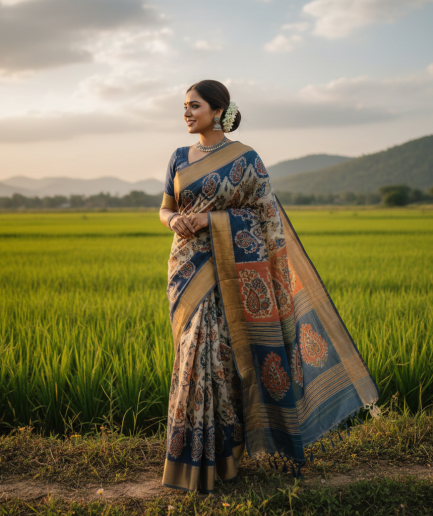 Women Beige Cotton Traditional Saree Ethnic Wear
