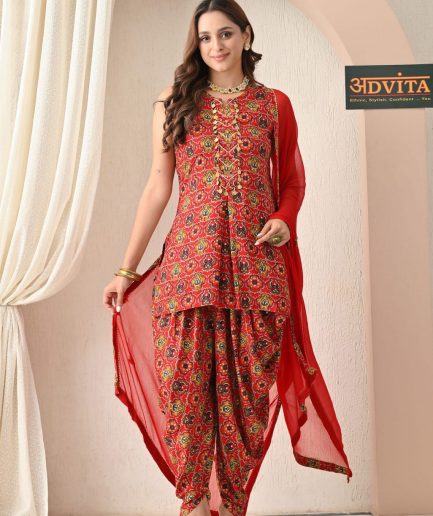 Women Red Printed Ethnic Fashion Wear Set