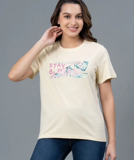 Women Cream Graphic Printed Casual Cotton TShirt