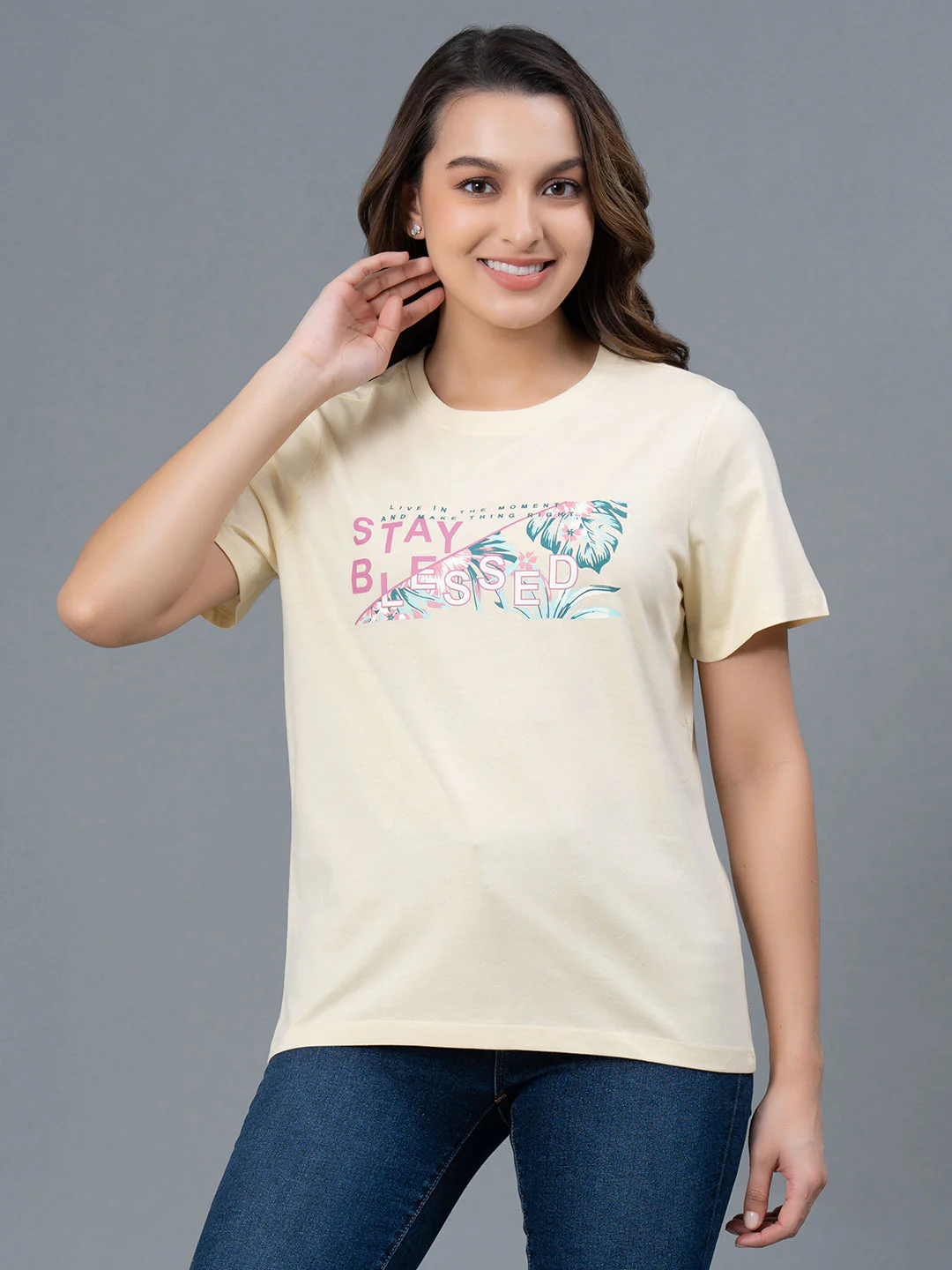 Women Cream Graphic Printed Casual Cotton TShirt