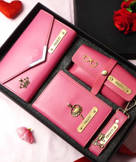 Women Pink Textured Matching Wallet Gift Combo Set