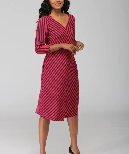 Women Red Striped A Line Cotton Dress