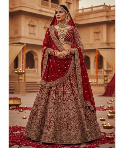 Women Deep Red Bridal Lehenga Traditional Wedding Wear