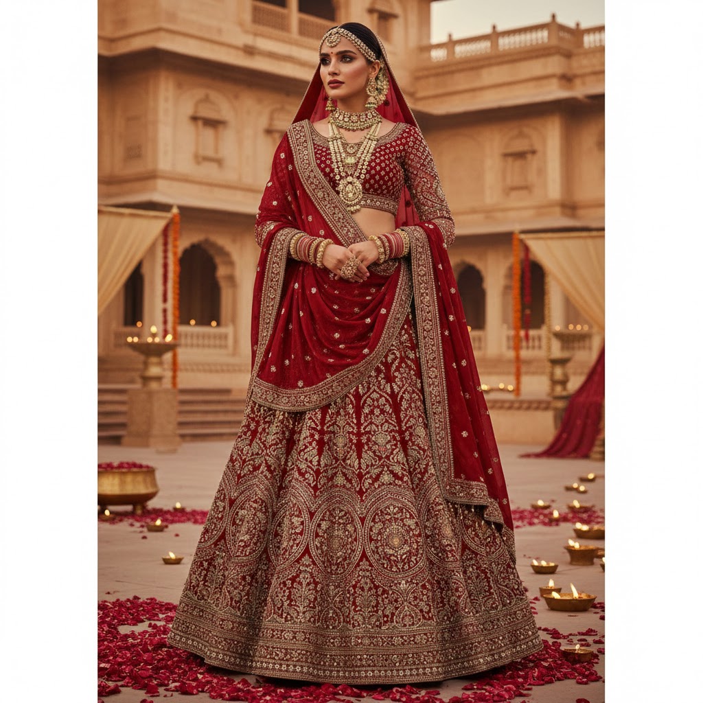 Women Deep Red Bridal Lehenga Traditional Wedding Wear