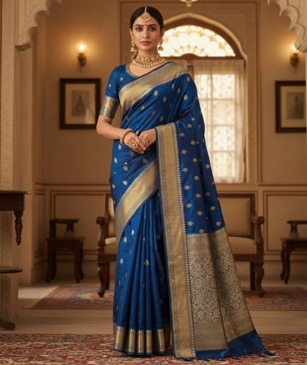 Women Blue Silk Traditional Saree Elegant Wear