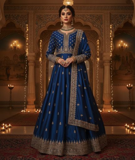 Women Blue Traditional Silk Anarkali Ethnic Dress
