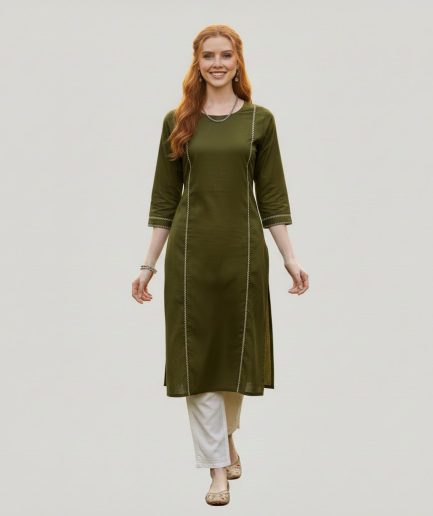 Women Olive Green Straight Fit Casual Kurti