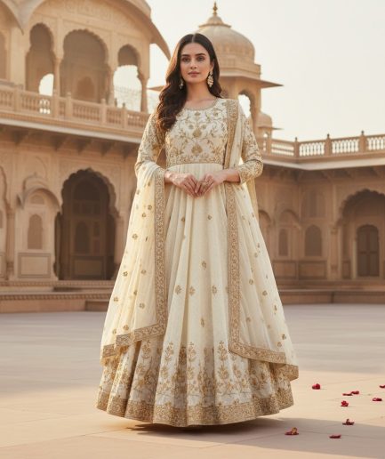 Women Cream Ethnic Cotton Flared Traditional Dress