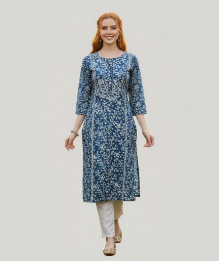 Women Blue Printed Long Cotton Casual Kurti