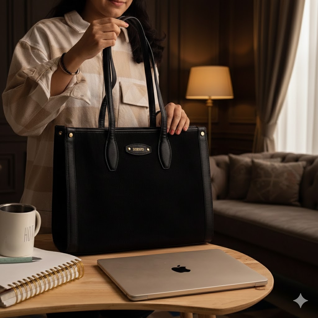 Women Black Structured Professional Office Use Handbag - Image 3