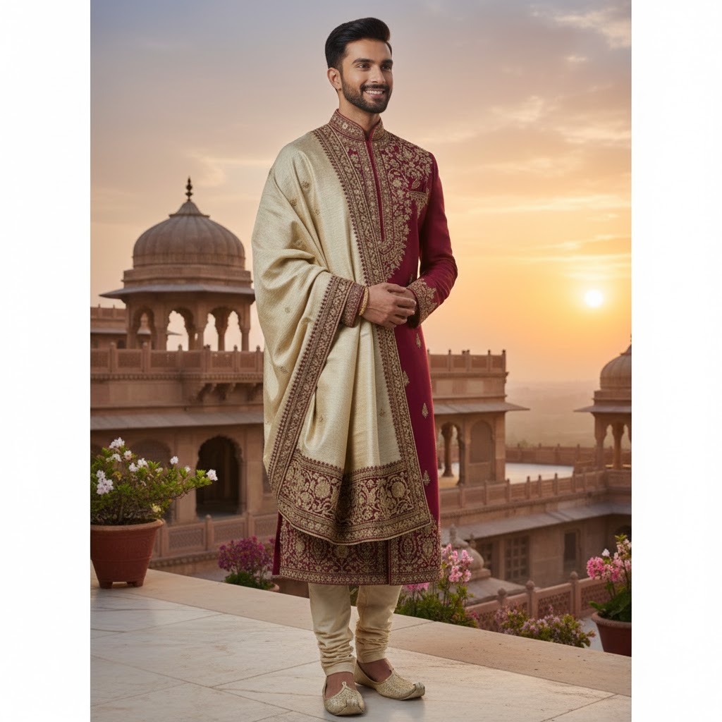 Maroon Festive Kurta Traditional Wedding Ethnic Wear Men - Image 3