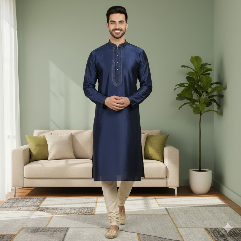 Navy Blue Silk Kurta Luxury Traditional Ethnic Wear Men - Image 3