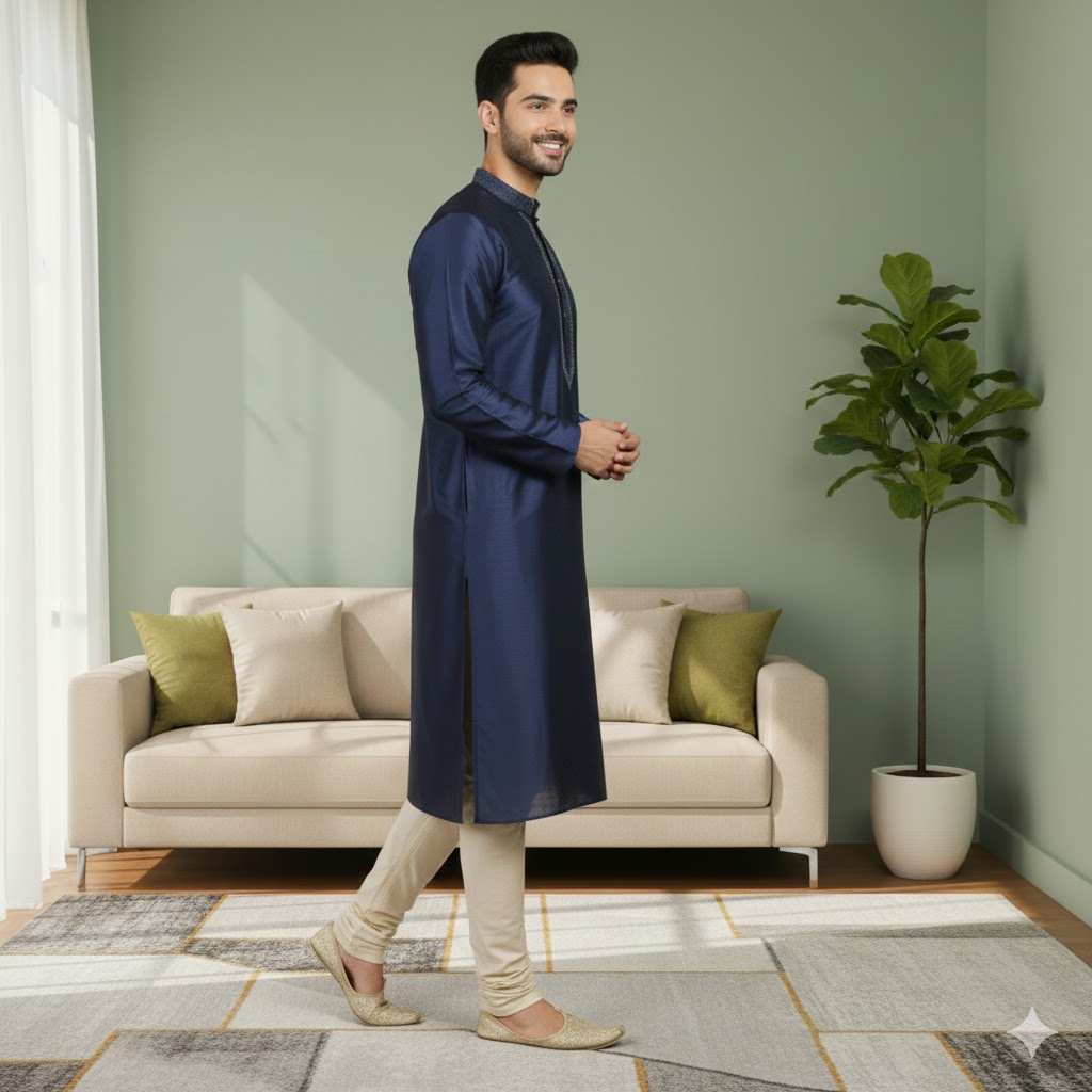 Navy Blue Silk Kurta Luxury Traditional Ethnic Wear Men - Image 2