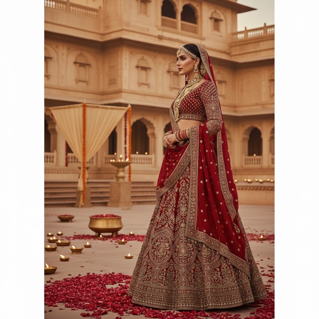 Women Deep Red Bridal Lehenga Traditional Wedding Wear - Image 3