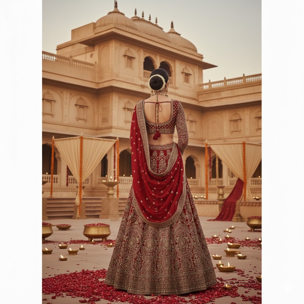 Women Deep Red Bridal Lehenga Traditional Wedding Wear - Image 2
