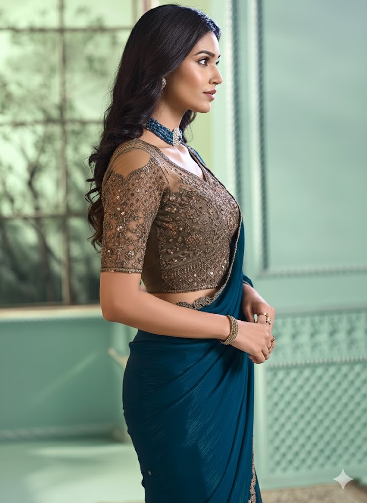 Women Gold Wedding Wear Silk Saree Bridal Style - Image 3
