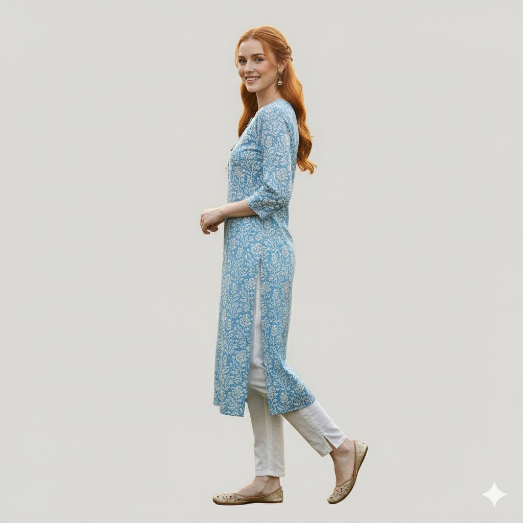 Women Blue Printed Straight Cotton Ethnic Kurti - Image 3