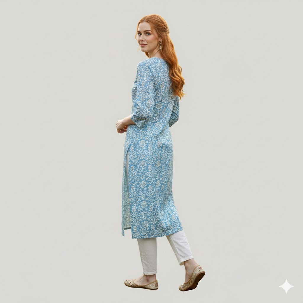 Women Blue Printed Straight Cotton Ethnic Kurti - Image 2
