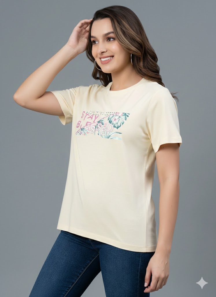 Women Cream Graphic Printed Casual Cotton TShirt - Image 3
