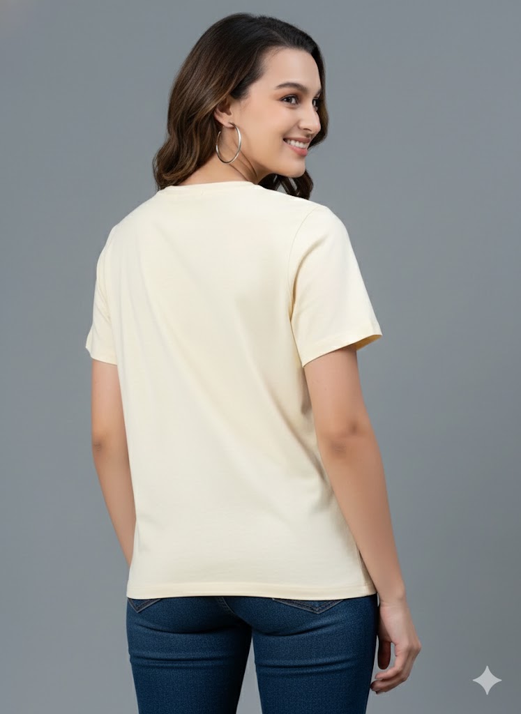 Women Cream Graphic Printed Casual Cotton TShirt - Image 2