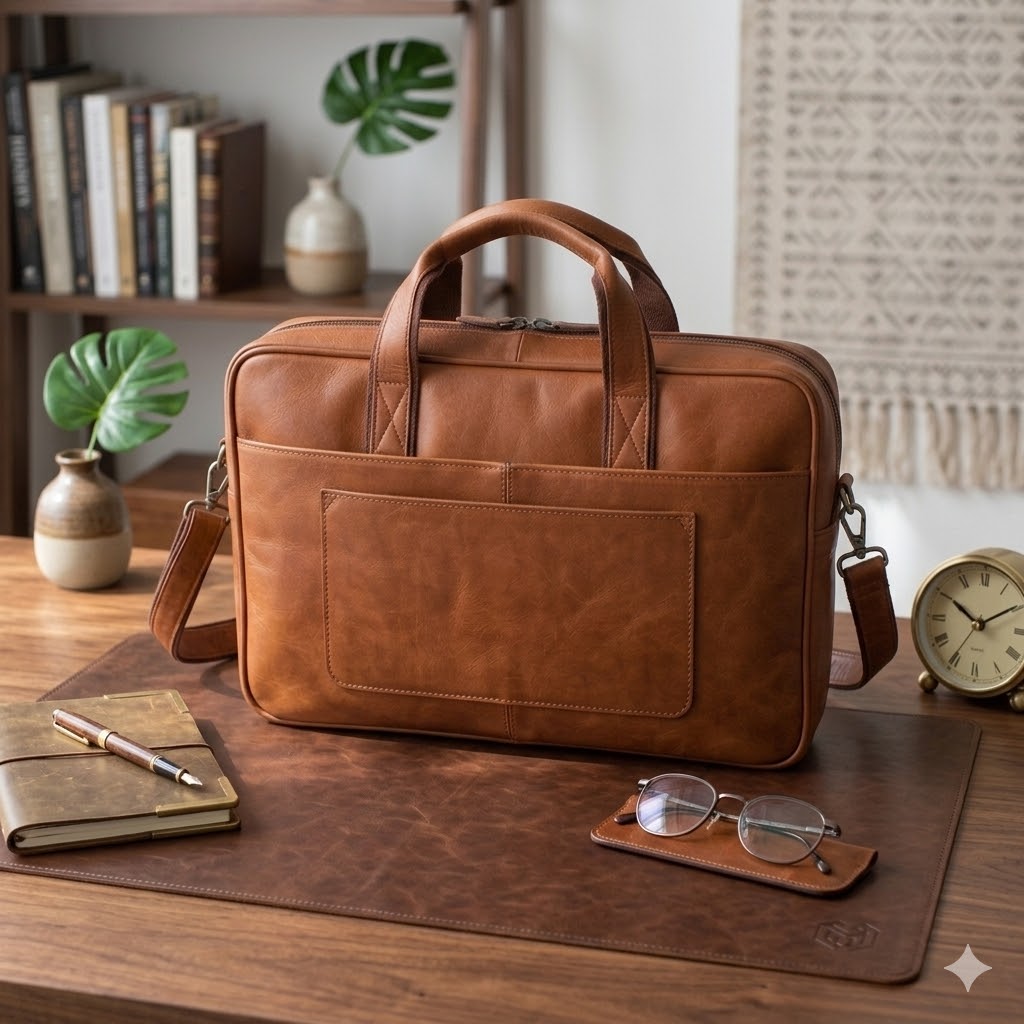 Brown Daily Use Leather Hand Bag For Men - Image 4