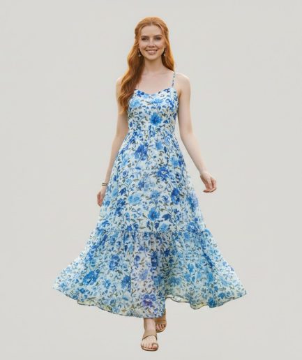 Women Blue Floral Printed Flowy Maxi Dress