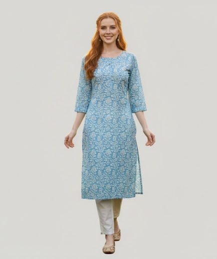 Women Blue Printed Straight Cotton Ethnic Kurti