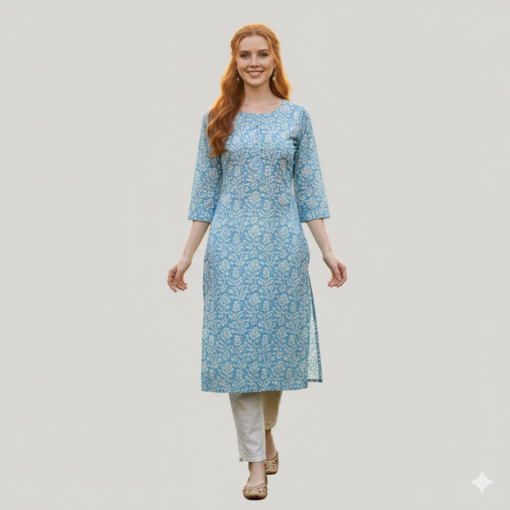 Women Blue Printed Straight Cotton Ethnic Kurti