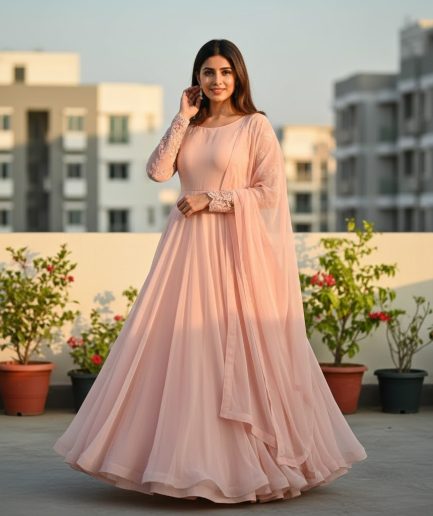 Women Peach Anarkali Ethnic Traditional Flared Dress