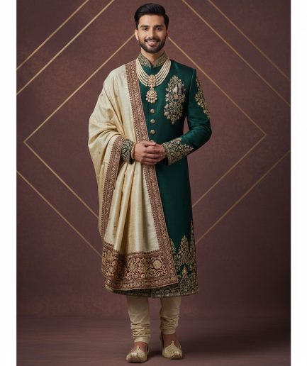 Green Gold Festive Wear Set Wedding Ethnic Outfit Men