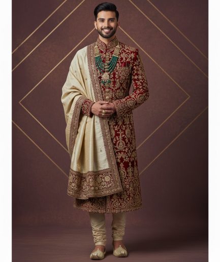Green Gold Sherwani Set Wedding Festive Ethnic Wear Men