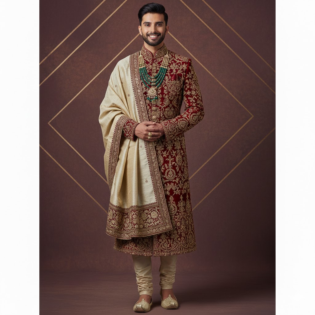 Green Gold Sherwani Set Wedding Festive Ethnic Wear Men