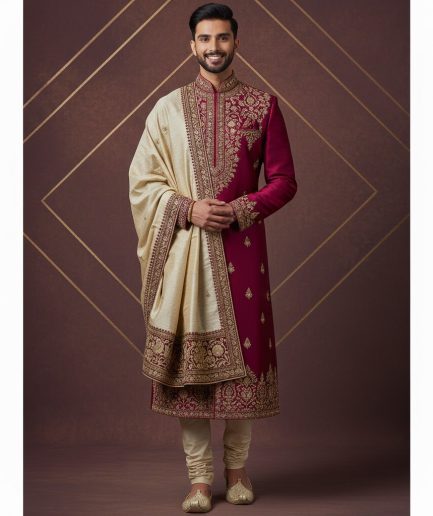 Maroon Festive Kurta Traditional Wedding Ethnic Wear Men