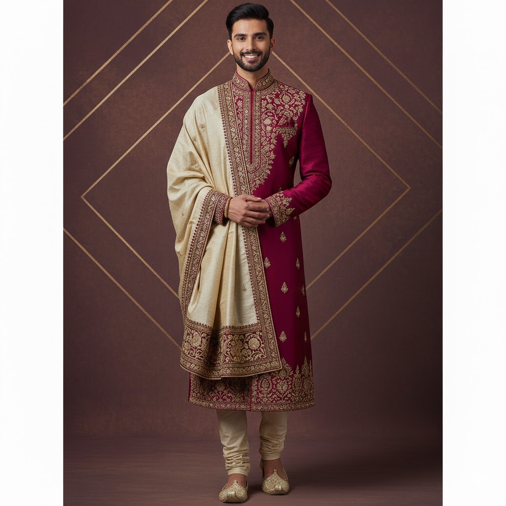 Maroon Festive Kurta Traditional Wedding Ethnic Wear Men