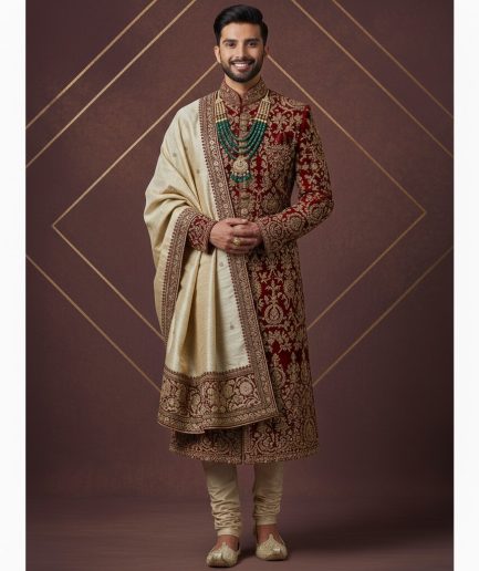 Royal Maroon Sherwani Wedding Groom Traditional Wear Men