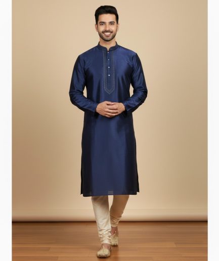 Navy Blue Silk Kurta Luxury Traditional Ethnic Wear Men
