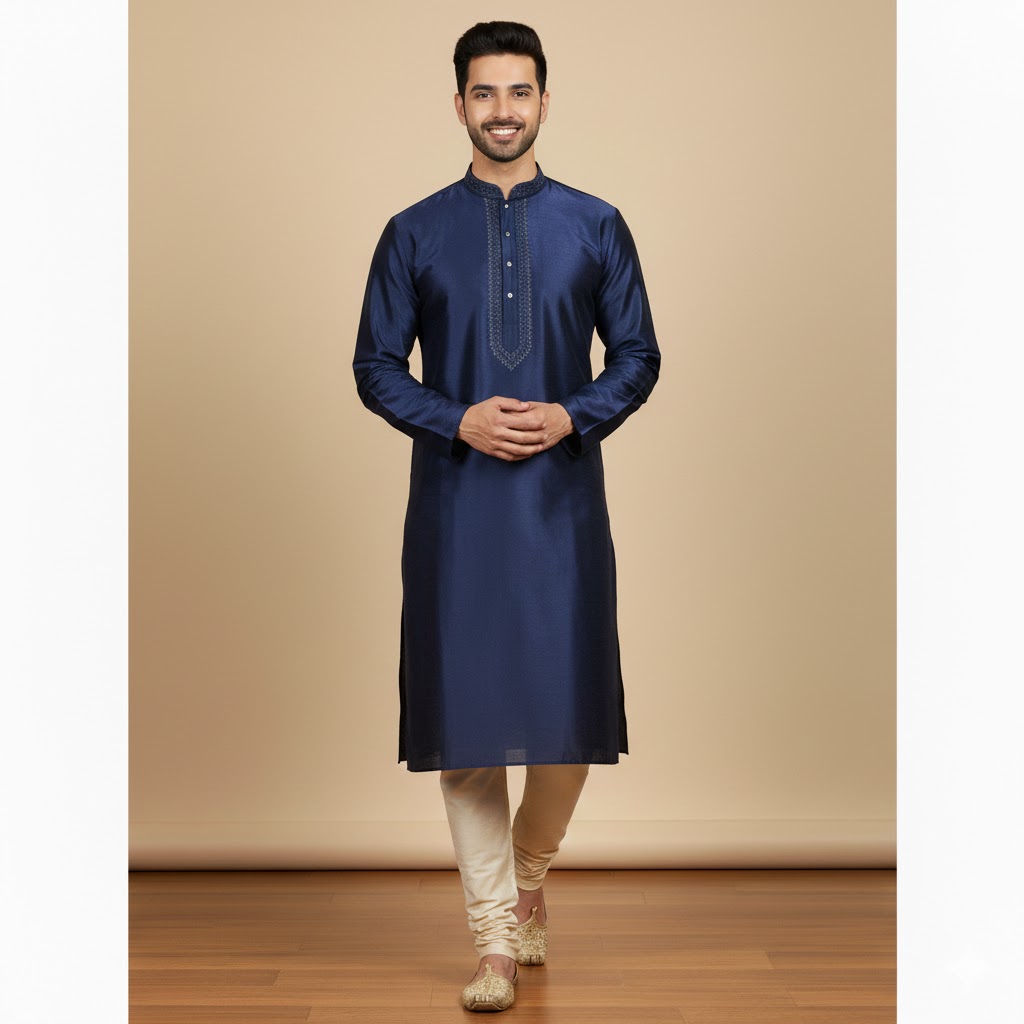 Navy Blue Silk Kurta Luxury Traditional Ethnic Wear Men