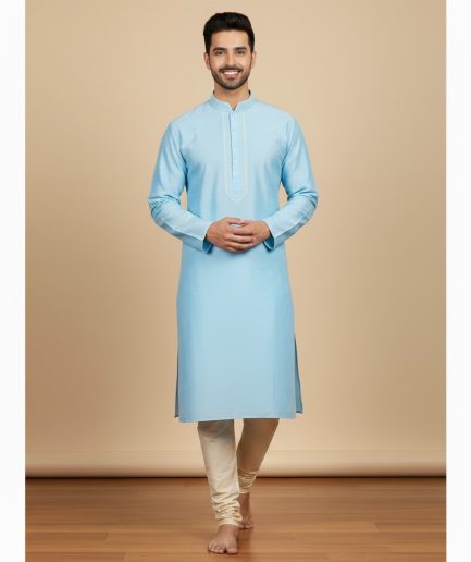 Light Blue Cotton Kurta Everyday Ethnic Wear Men