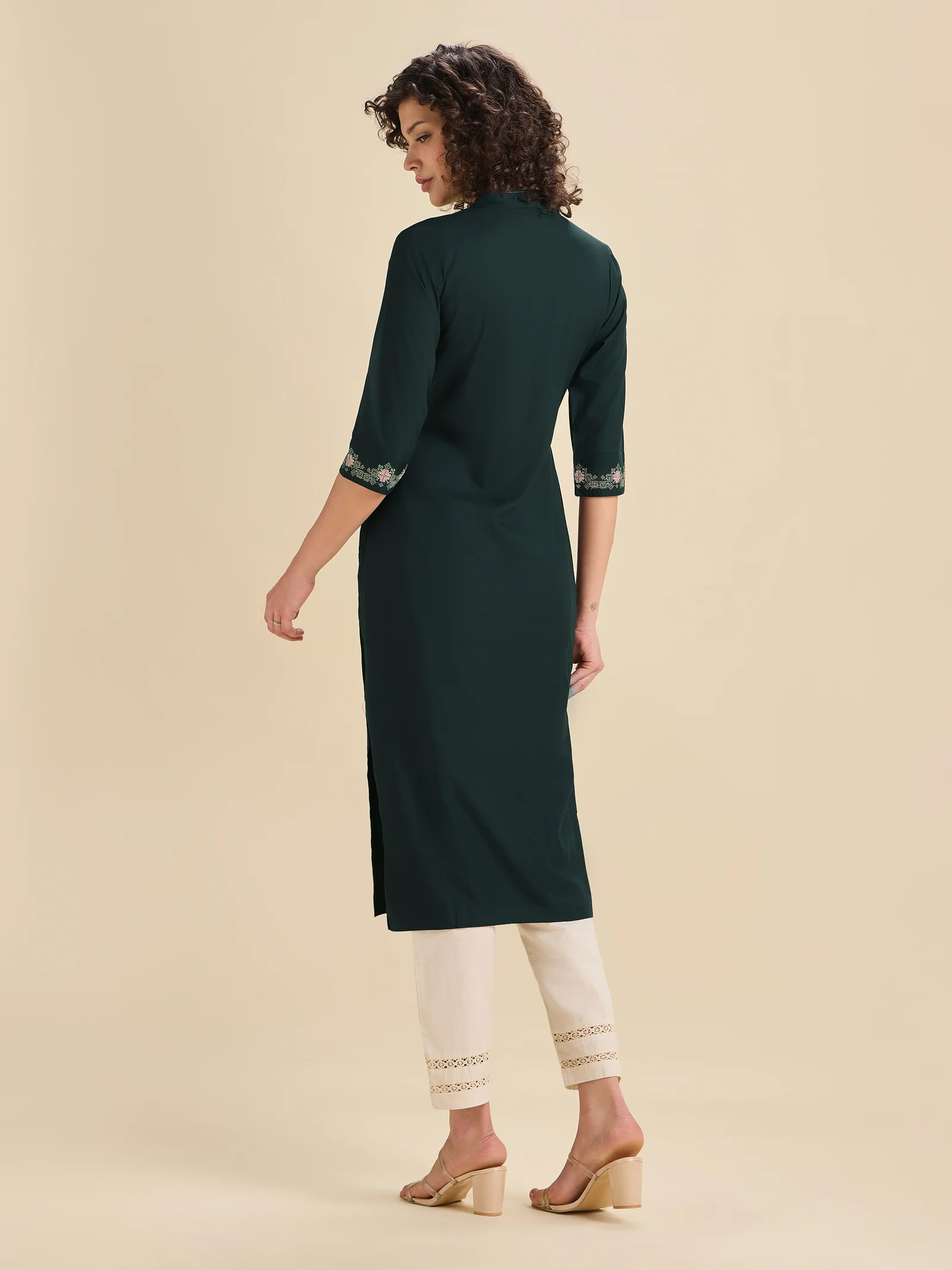 Teal Viscose Plain Slitted Kurti With Cross Stitch Embroidery - Image 4