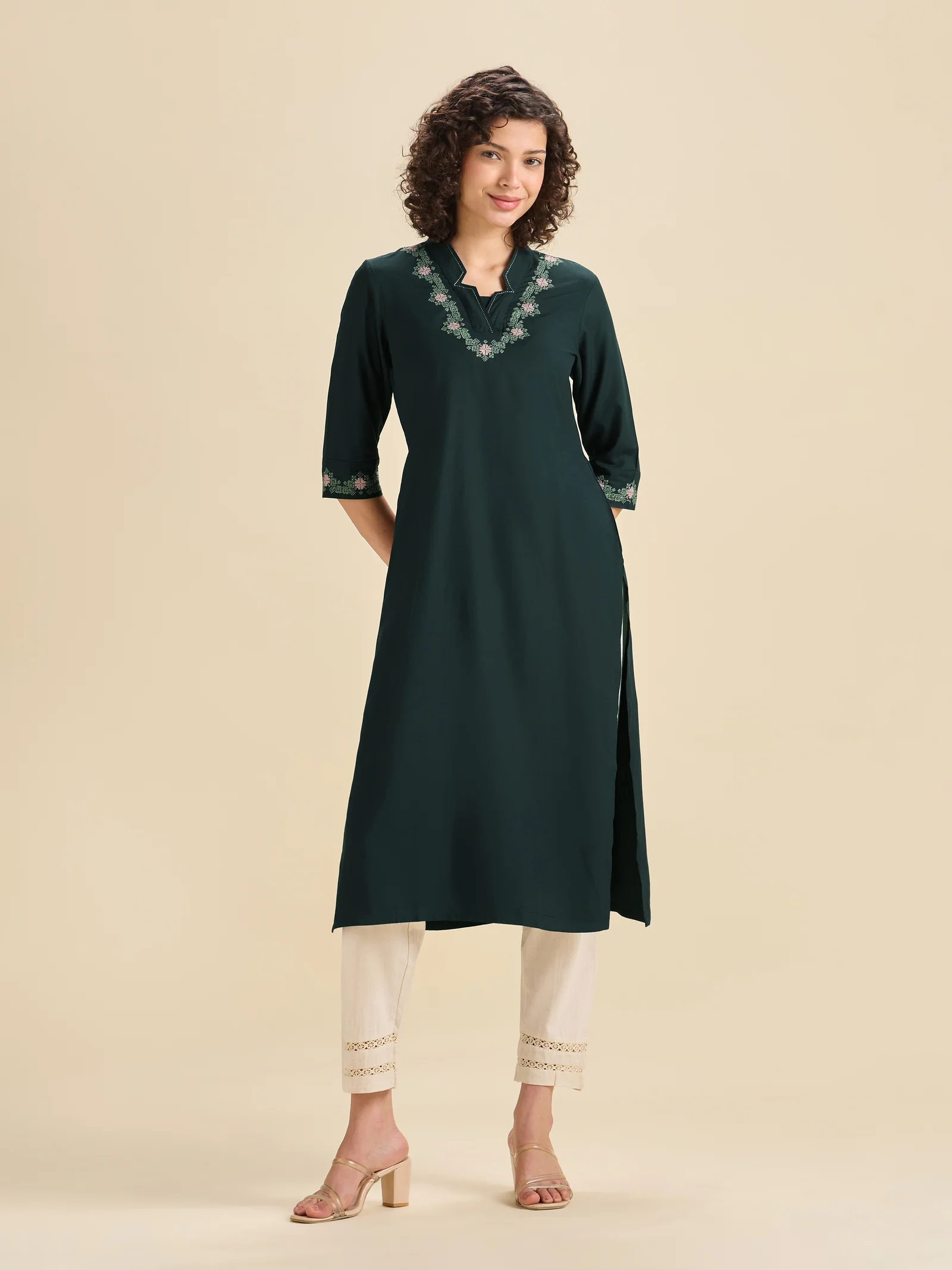 Teal Viscose Plain Slitted Kurti With Cross Stitch Embroidery