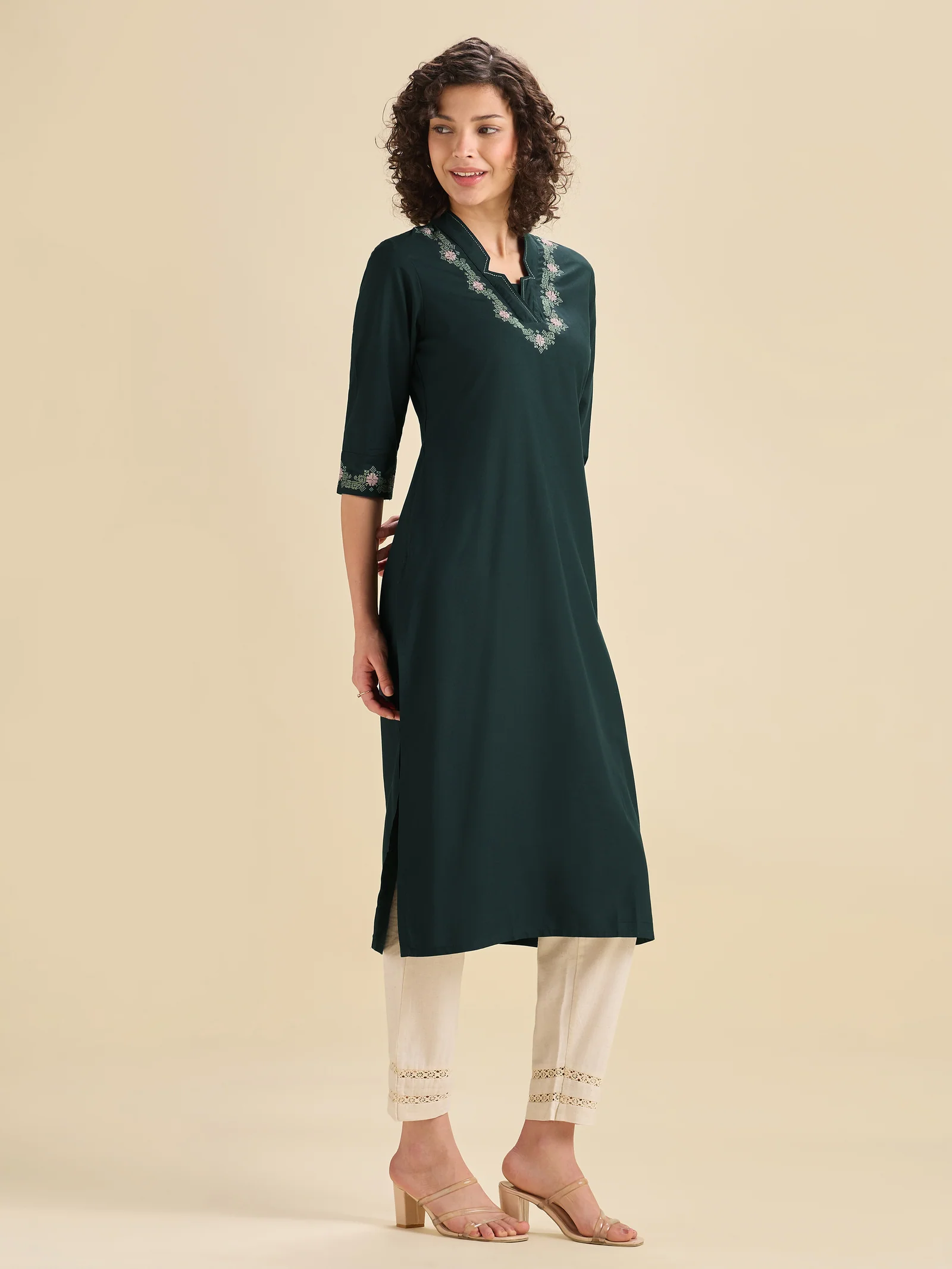 Teal Viscose Plain Slitted Kurti With Cross Stitch Embroidery - Image 3