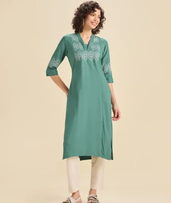 Teal Viscose Plain Slitted Center Panel Kurti With Embroidery