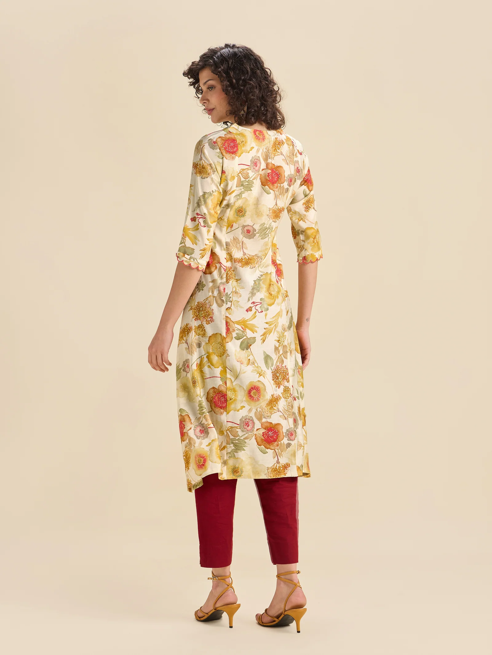 Multi Coloured Modal Chanderi Printed Flared Center Panel Kurti With Mirror Work And Scalloped Embroidery - Image 5