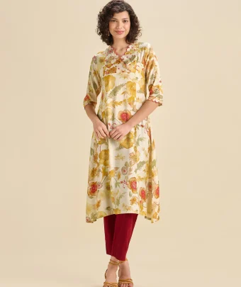 Multi Coloured Modal Chanderi Printed Flared Center Panel Kurti With Mirror Work And Scalloped Embroidery