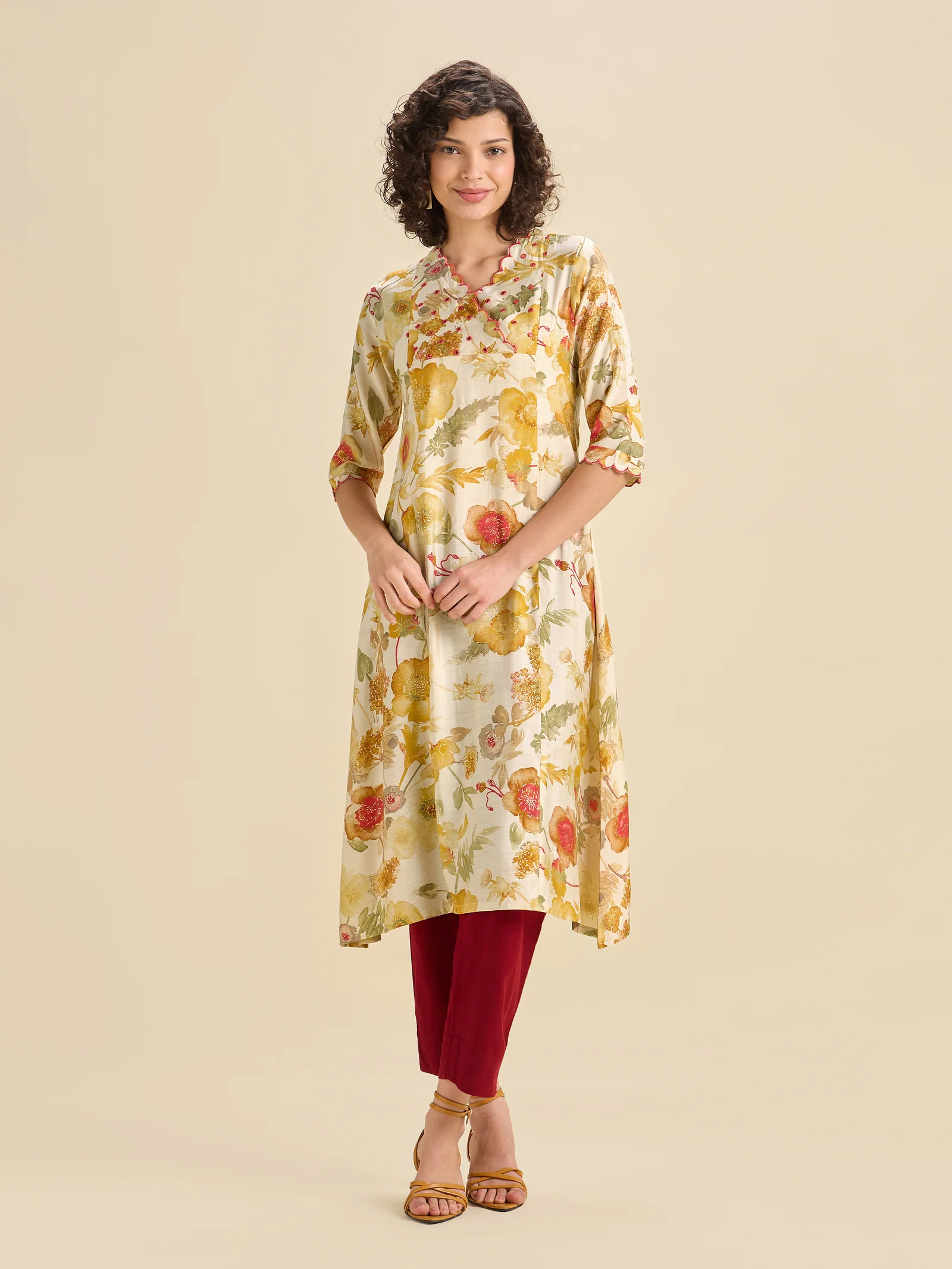 Multi Coloured Modal Chanderi Printed Flared Center Panel Kurti With Mirror Work And Scalloped Embroidery