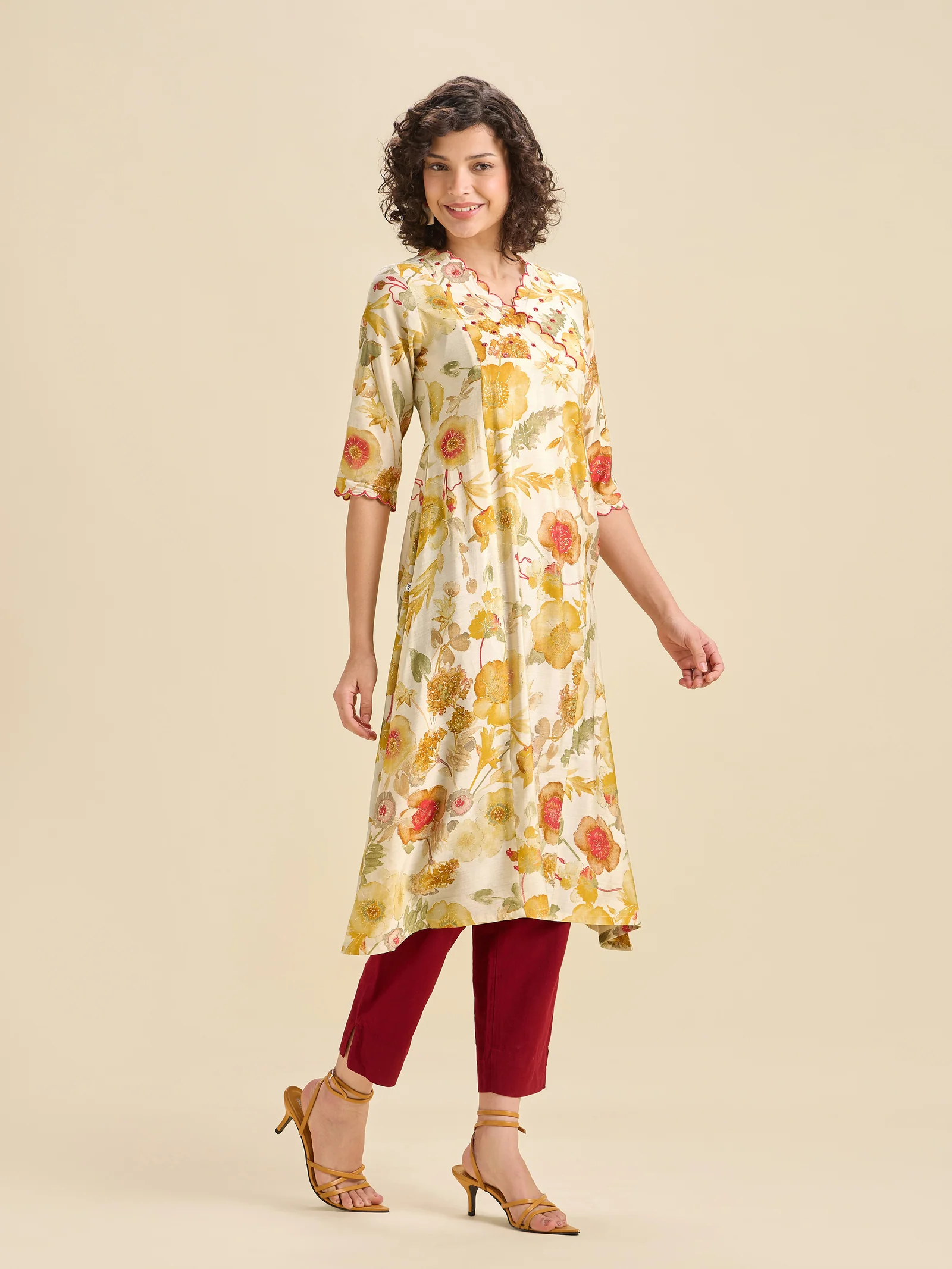 Multi Coloured Modal Chanderi Printed Flared Center Panel Kurti With Mirror Work And Scalloped Embroidery - Image 2