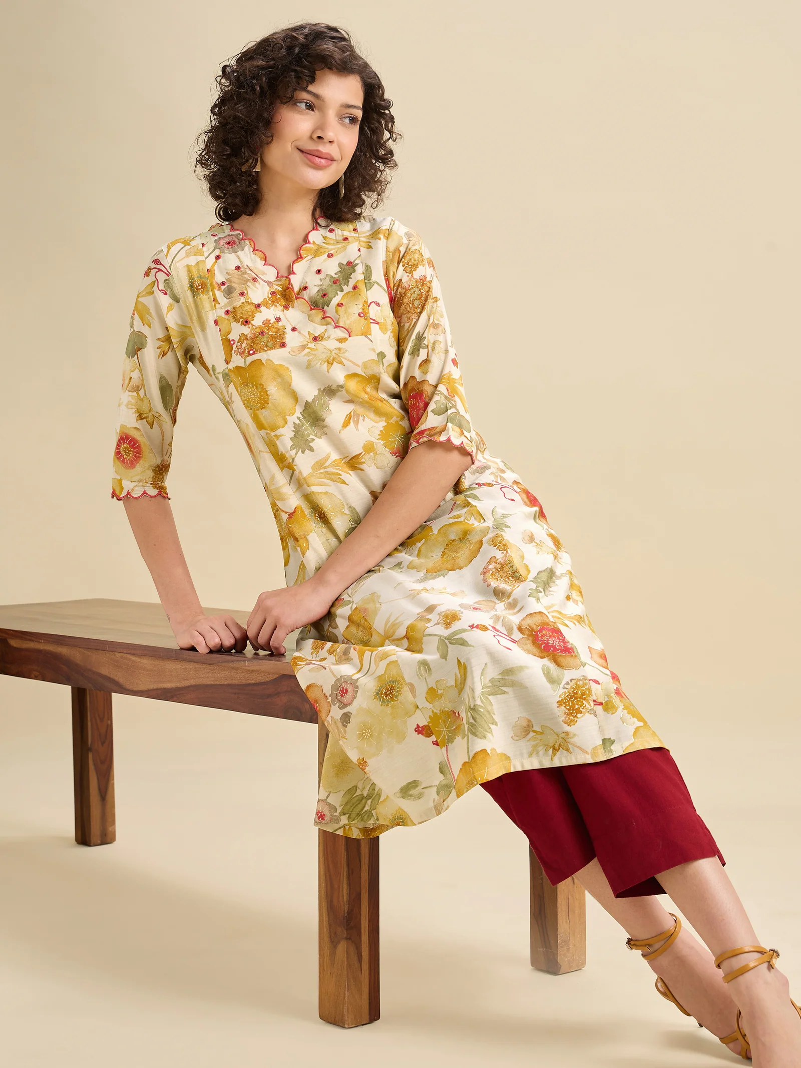 Multi Coloured Modal Chanderi Printed Flared Center Panel Kurti With Mirror Work And Scalloped Embroidery - Image 4