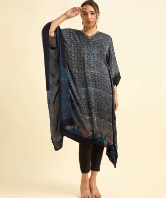 Navy Blue Multi Colour Modal Satin Kaftan With Sequins Embroidery