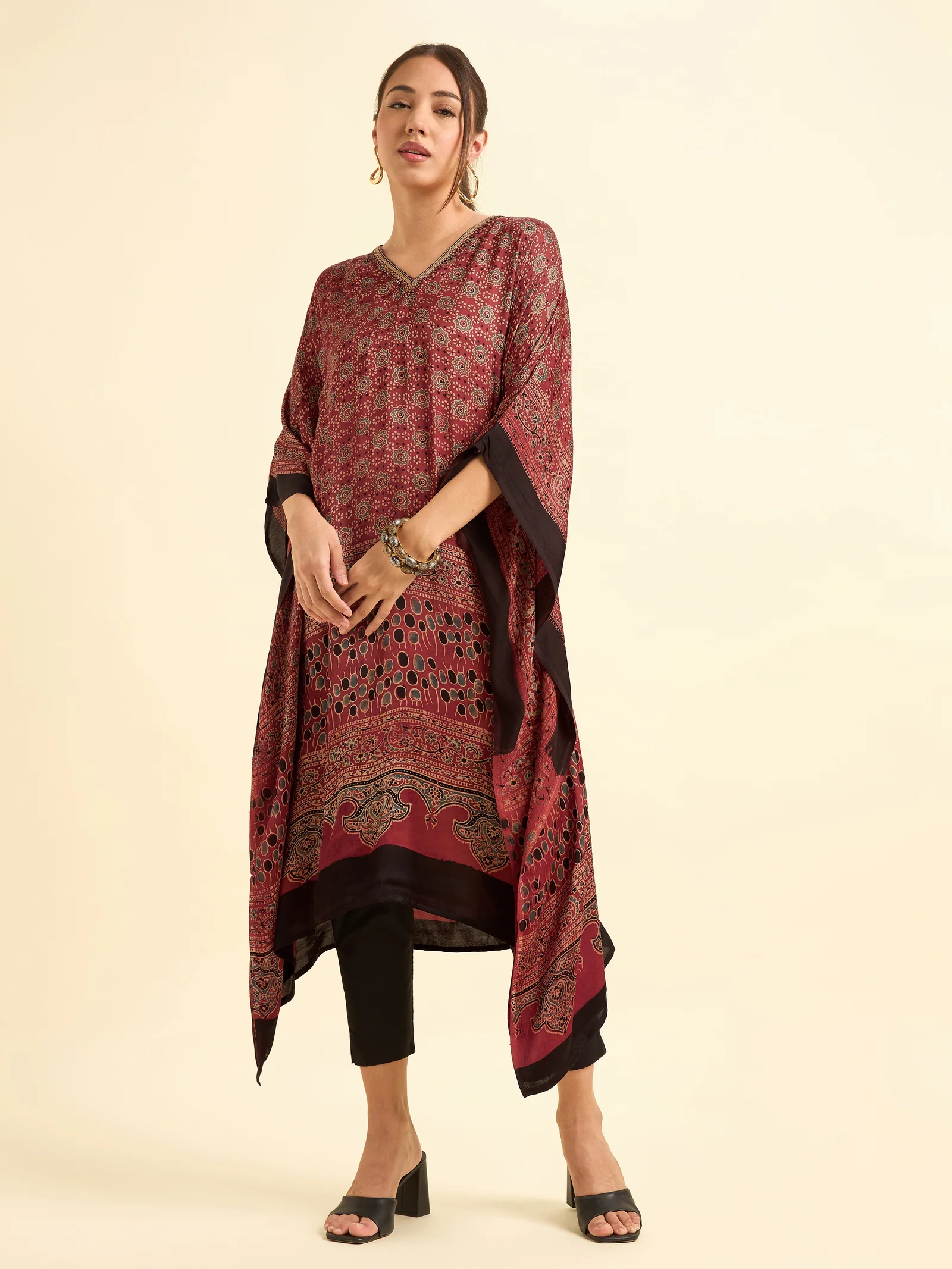 Maroon Multi Colour Modal Satin Kaftan With Embroidery Sequins Work - Image 2