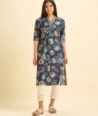 Navy Blue Modal Chanderi Printed Slitted Kurti With Embroidery